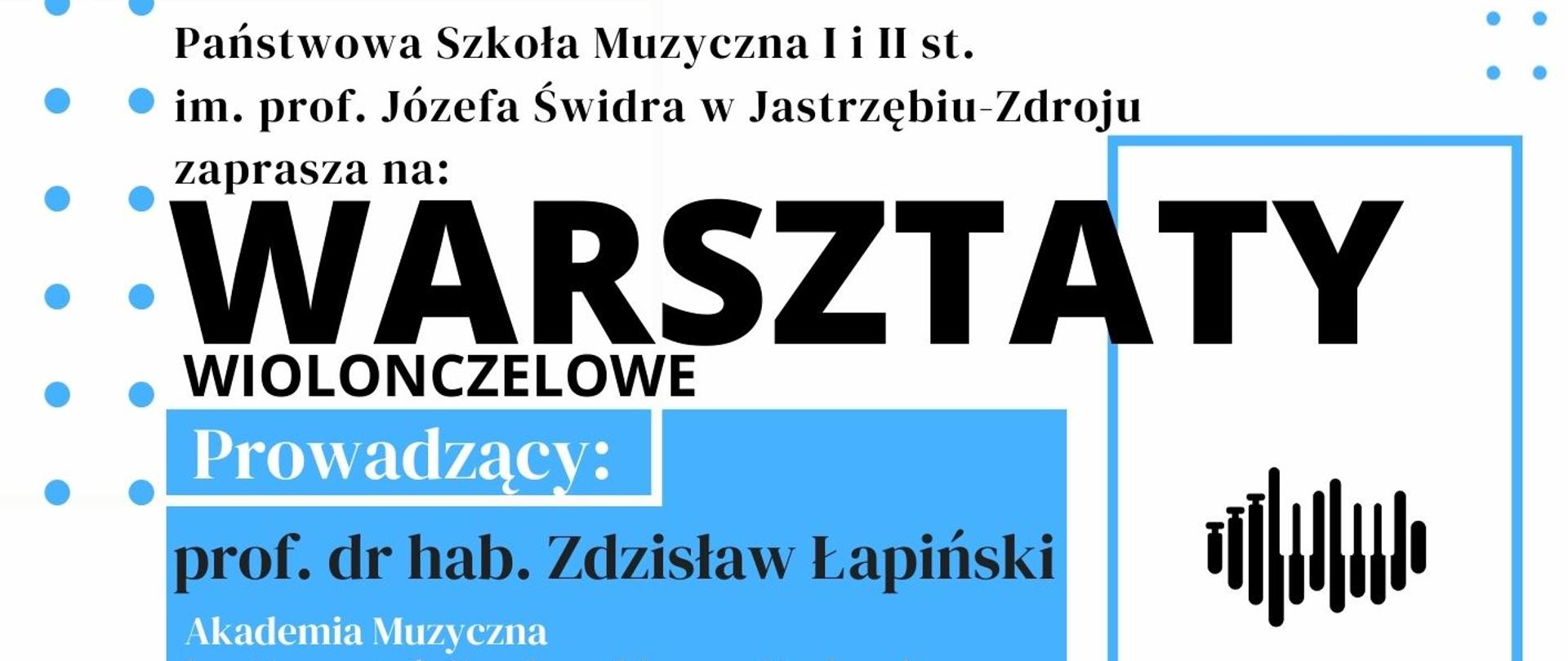 Plakat informacyjny dotyczący warsztatów wiolonczelowych odbywających się w dniu 12.12.2025 w godz. 12.00 - 20.00.