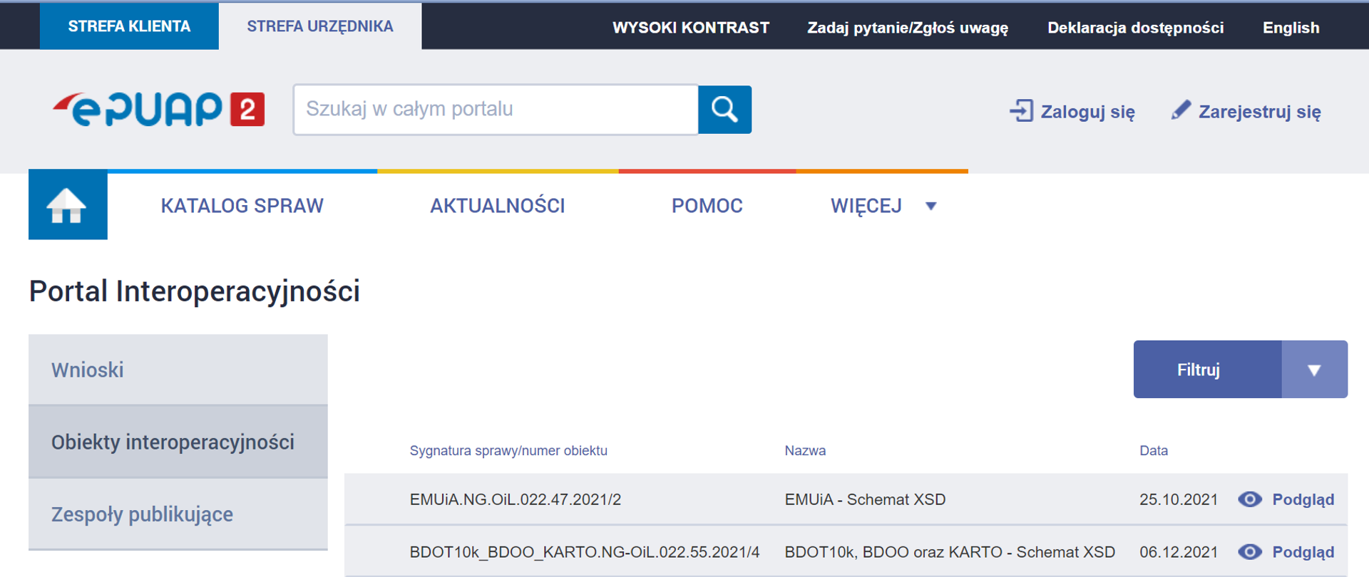 Ilustracja przedstawia zrzut z ekranu serwisu epuap.gov.pl zakładka Portal Interoperacyjności, skąd można pobrać schematy aplikacyjne xsd.