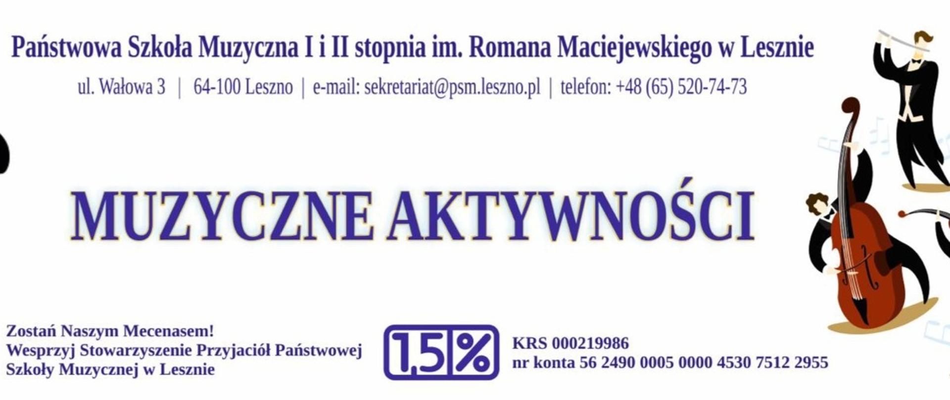 blankiet z ciemnoniebieskimi literami na białym tle. po prawej pięcioro muzyków grających na flecie skrzypcach i kontrabasie. po lewej logo szkoły.