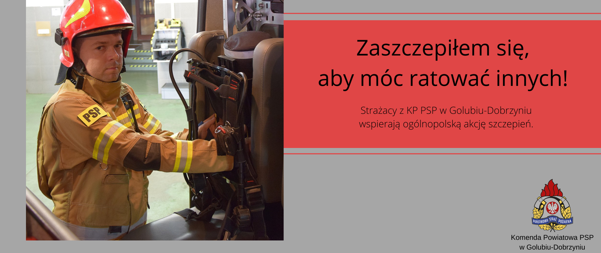 Na zdjęciu widać mężczyznę strażaka w beżowym ubraniu specjalnym oraz czerwonym hełmie.