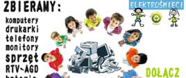 plakat na górze na niebieskim tle napis Bezpłatna zbiórka elektrośmieci poniżej dzieci stojące w kole w środku koła monitor komputerowy, kuchenka gazowa, mikser, czajnik telefon - sprzęty agd i czarny napis o zbiórce