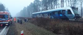 Strażacy ewakuują z pociągu pasażerów. Na poboczu drogi stoi karetka pogotowia, przy której gromadzą się pasażerowie. 