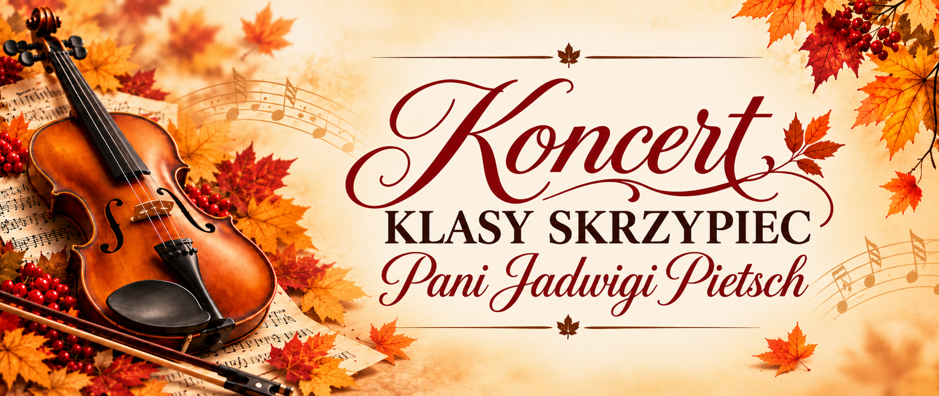 Poziomy baner zapowiadający koncert klasy skrzypiec pani Jadwigi Pietsch. Po lewej stronie widoczne są skrzypce ze smyczkiem, ułożone na nutach i otoczone jesiennymi liśćmi w odcieniach czerwieni, pomarańczu i złota oraz czerwonymi owocami jarzębiny. W centralnej części na jasnym, kremowym tle znajduje się duży, ozdobny napis w kolorze bordowym: „Koncert”, poniżej napis „KLASY SKRZYPIEC”, a pod nim „Pani Jadwigi Pietsch”. W tle widoczne są delikatne motywy nutowe i dekoracyjne gałązki z liśćmi. Całość utrzymana jest w eleganckiej, jesiennej stylistyce.