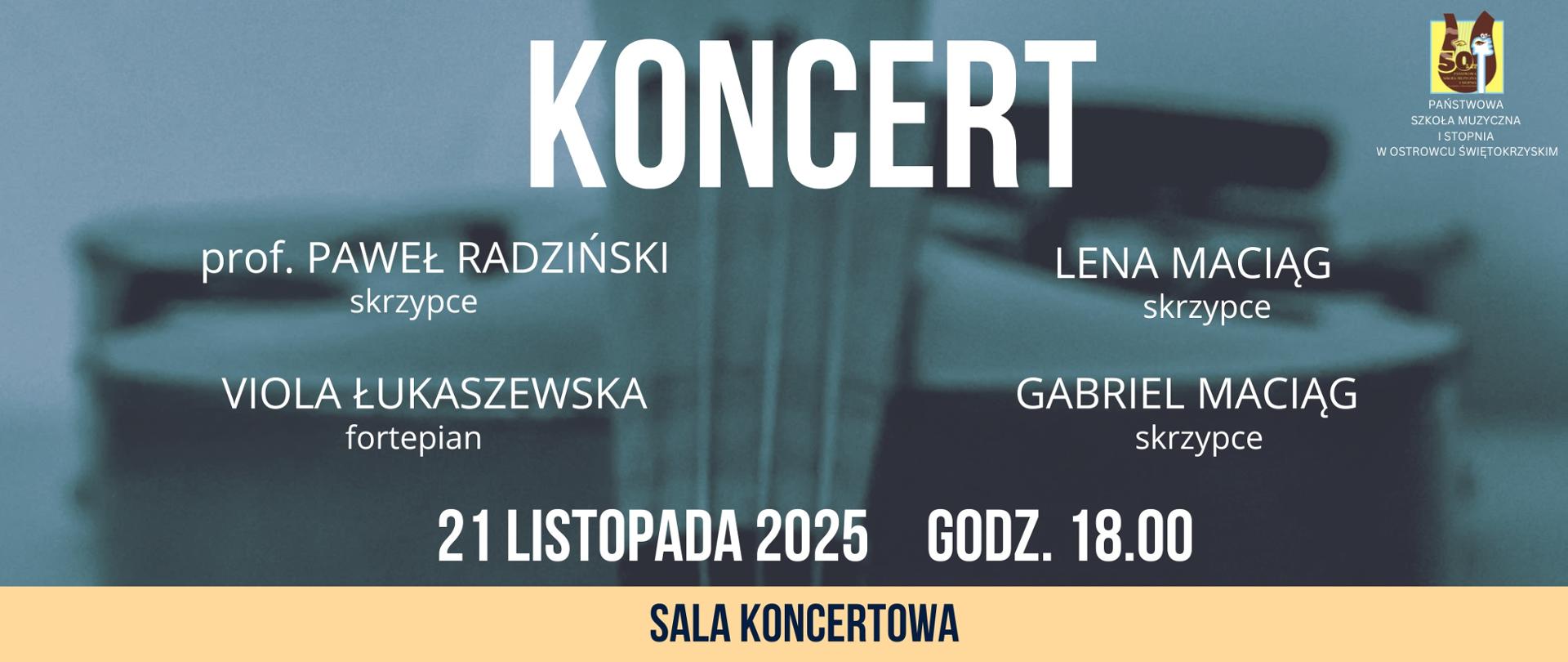 skrzypce na niebieskim tle ze skrzypcami z białymi literami informującymi o koncercie, na dole logo szkoły