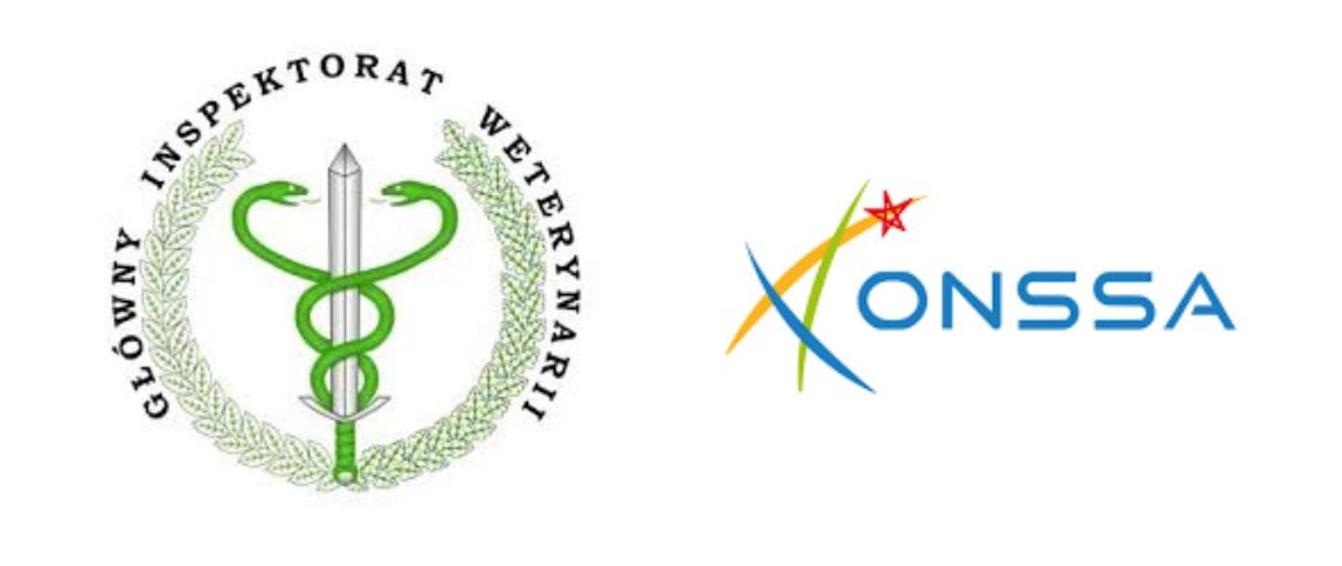 Deux logos, cote a cote: de l'Inspection Generale Veterinaire polonaise, a gauche et de l' Office National de la Sante et de la Securite alimentaire marocain, a droite