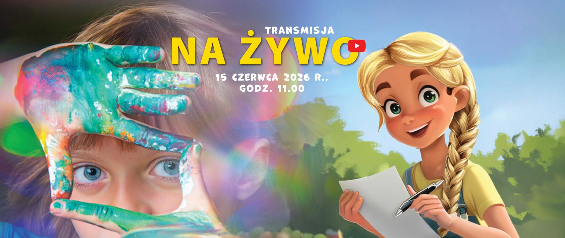 rysunek dziewczynka z długopisem i chłopiec patrzący przez pofarbowane palce