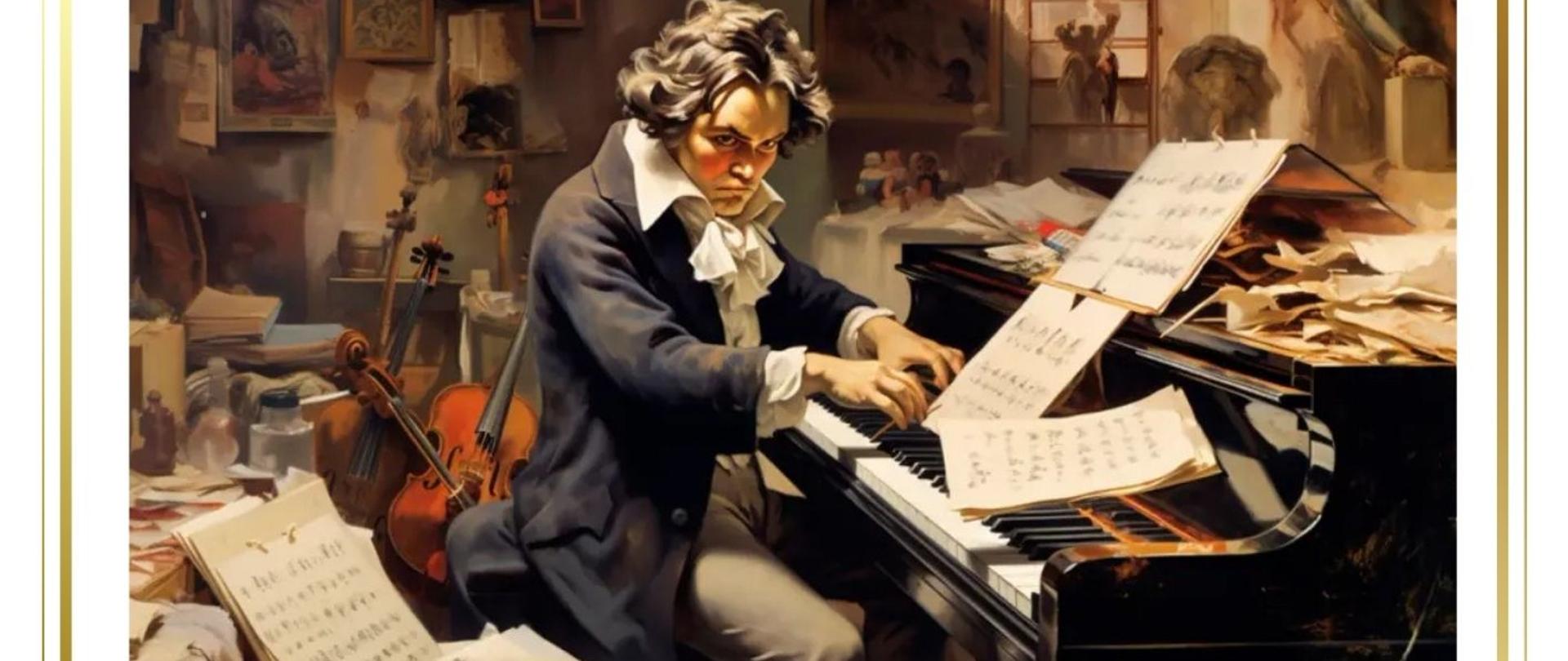 Plakat przedstawia portret Beethovena komponującego przy pianinie, na którym jest pełno porozrzucanych nut oraz informację, że audycja klas fortepianu odbędzie się 3 grudnia 2025 r. o godzinie 17:00