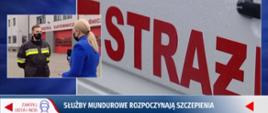 Rzecznik strażaków z reporterką w lewym okienku stoją przed JRG3 Kraków. Po prawej na dużym planie czerwone napisy STRAŻ.