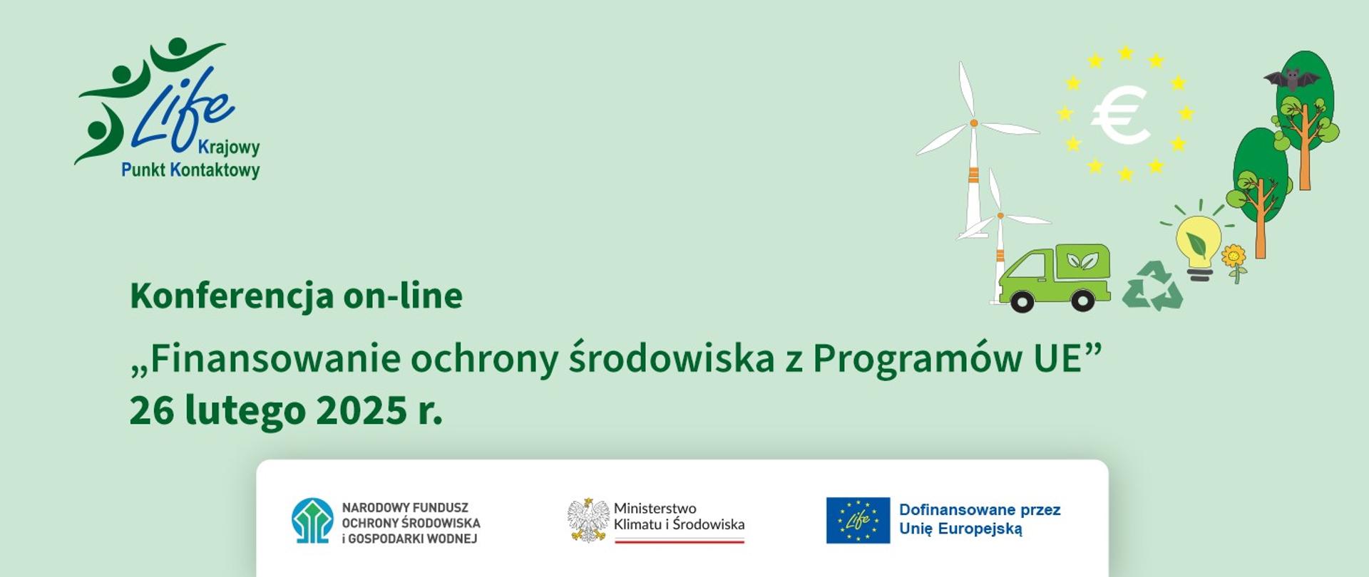 Obraz zawierający logo KPK LIFE, sybol euro, wiatraki, śmieciarke, żarówkę, drzewa i napis z tytułem i datą konfernecji.