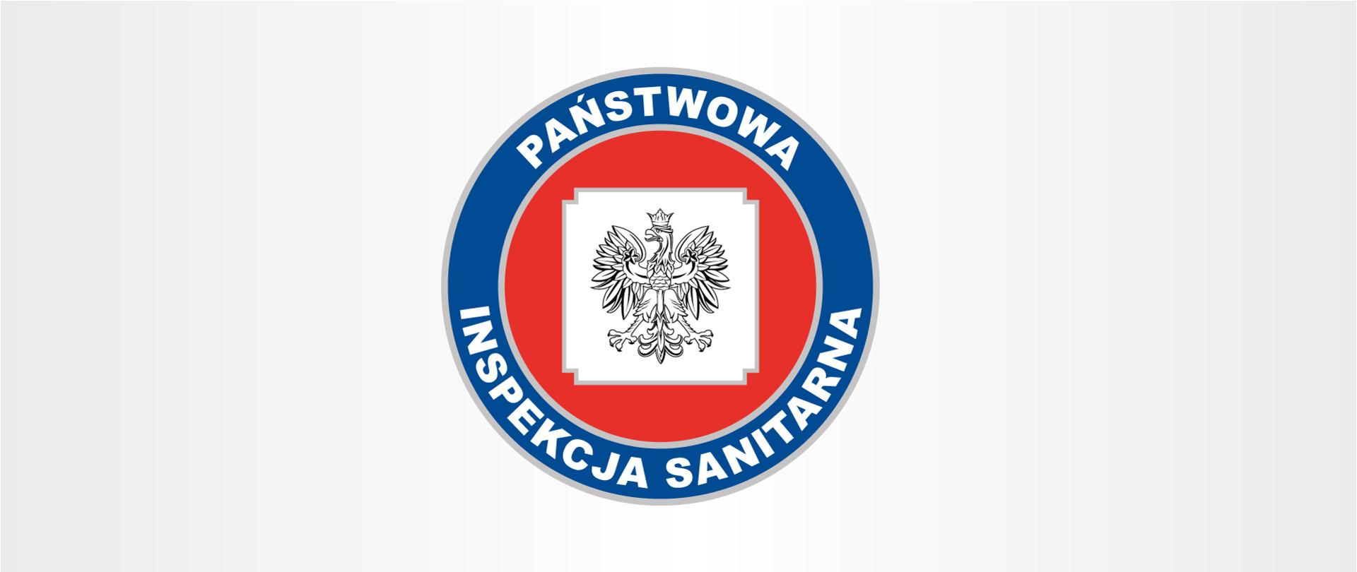 Logo PIS - orzeł wpisany w kwadrat, otoczony kołem z napisem Państwowa Inspekcja Sanitarna.