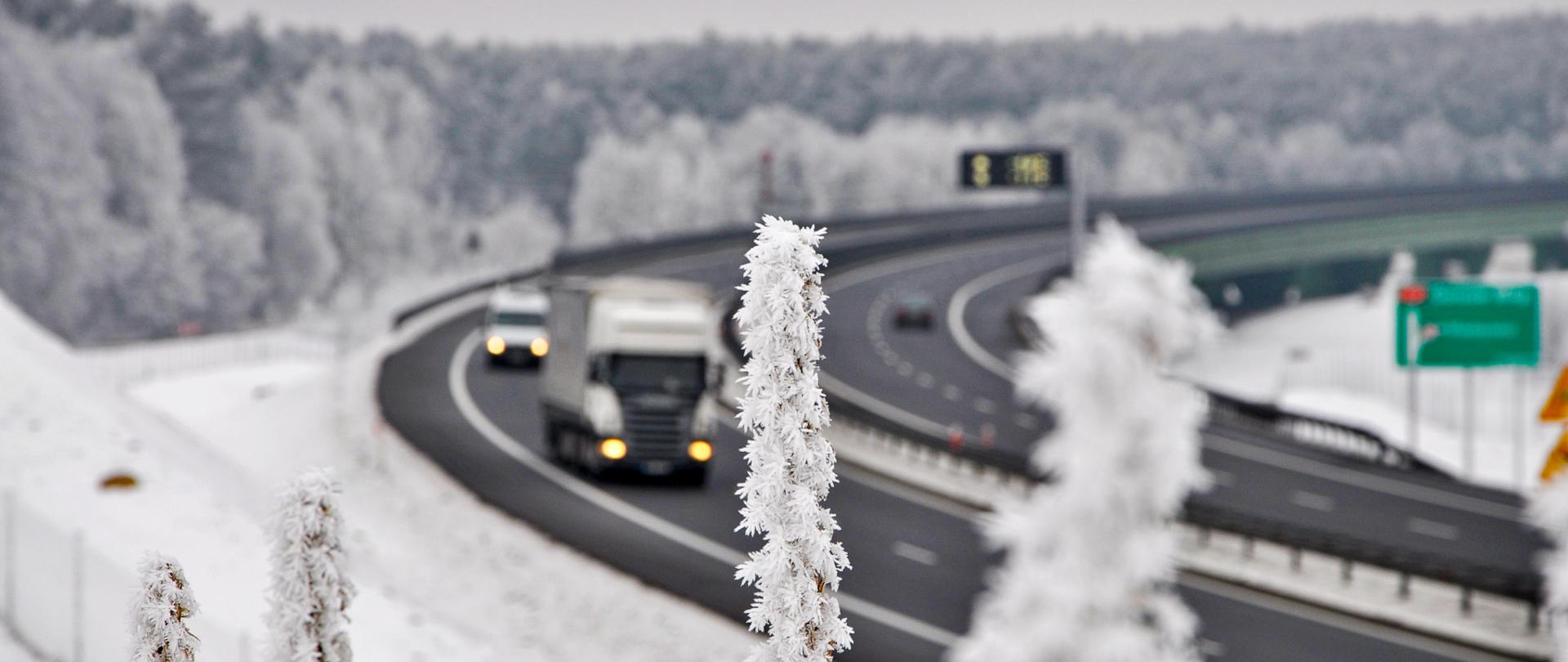 Zdjęcie przedstawia zakręt na drodze ekspresowej S3. Nawierzchnia drogi jest odśnieżona i czarna. Po drodze poruszają się różne pojazdy. Cały teren poza drogą pokryty jest warstwą śniegu. Na pierwszym planie roślina pokryta gęsto szronem.
