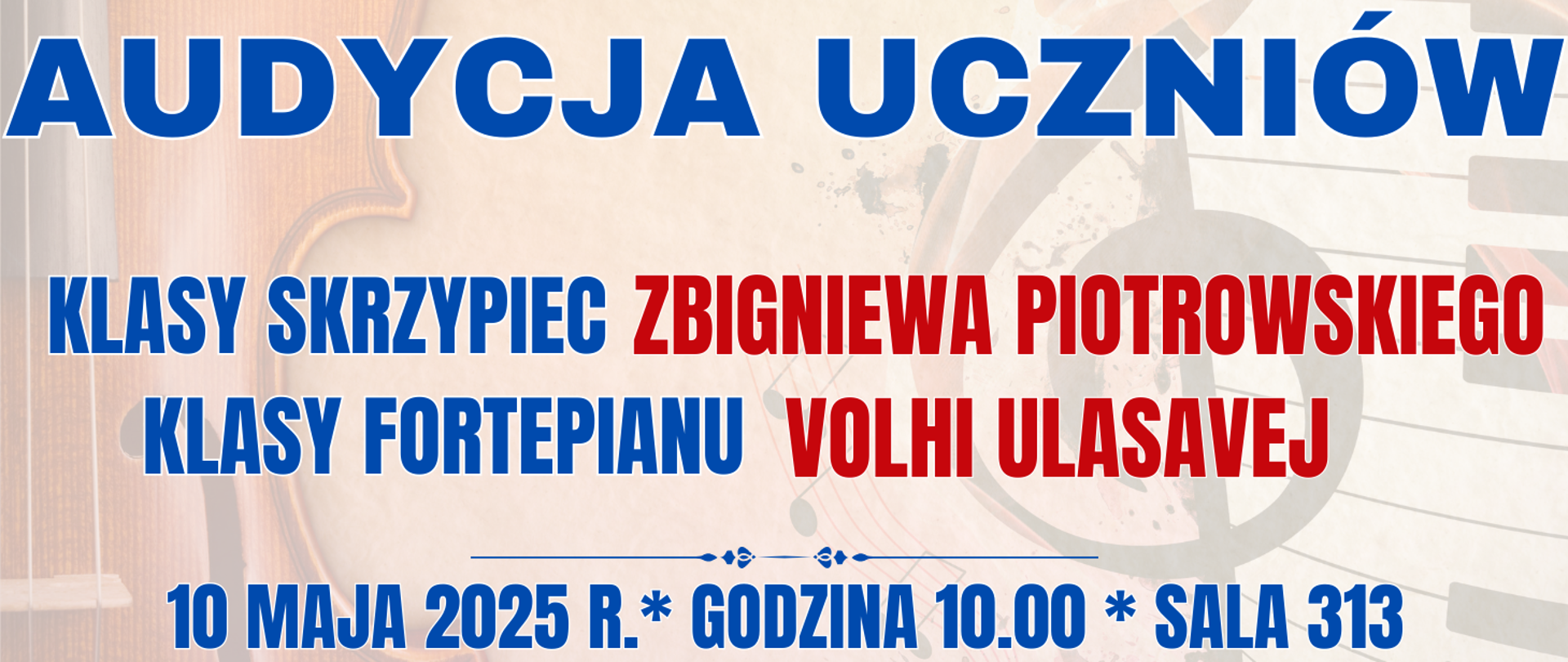 baner z kolorowym tłem z półprzezroczystymi skrzypcami i klawiaturą fortepianu oraz informacja o audycji