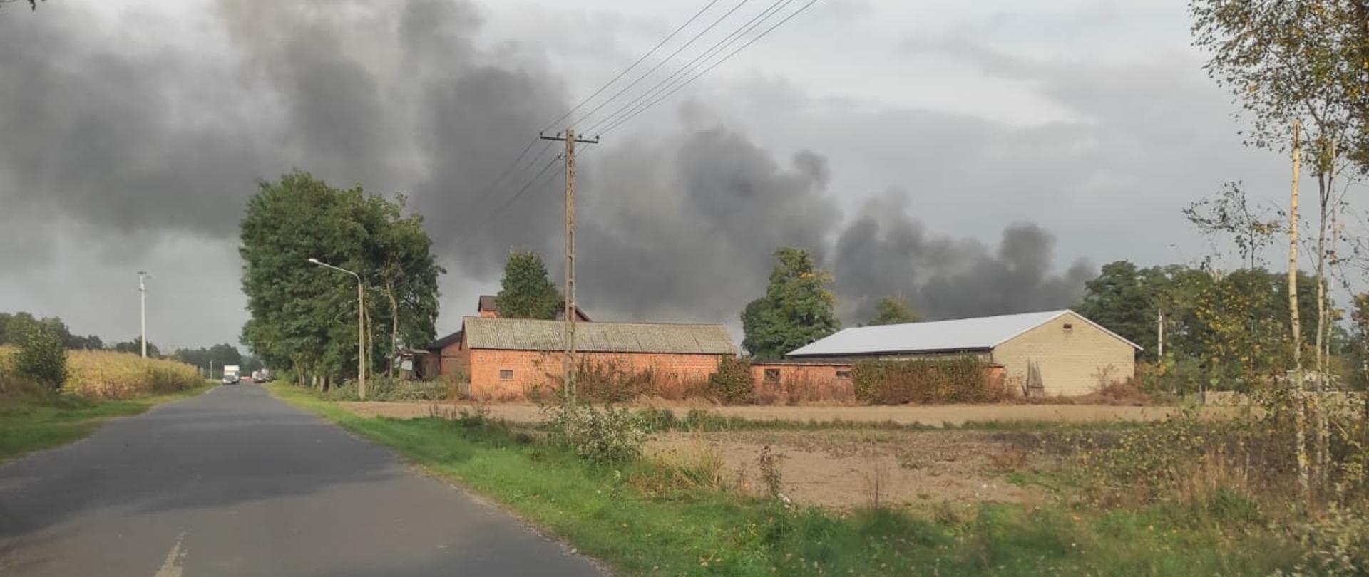 Na zdjęciu widać czarny dym na tle jasnego nieba. Na dole zdjęcia fragment ciemnej deski rozdzielczej samochodu. W oddali zabudowania i zarośla. Po lewej stronie szara droga asfaltowa.