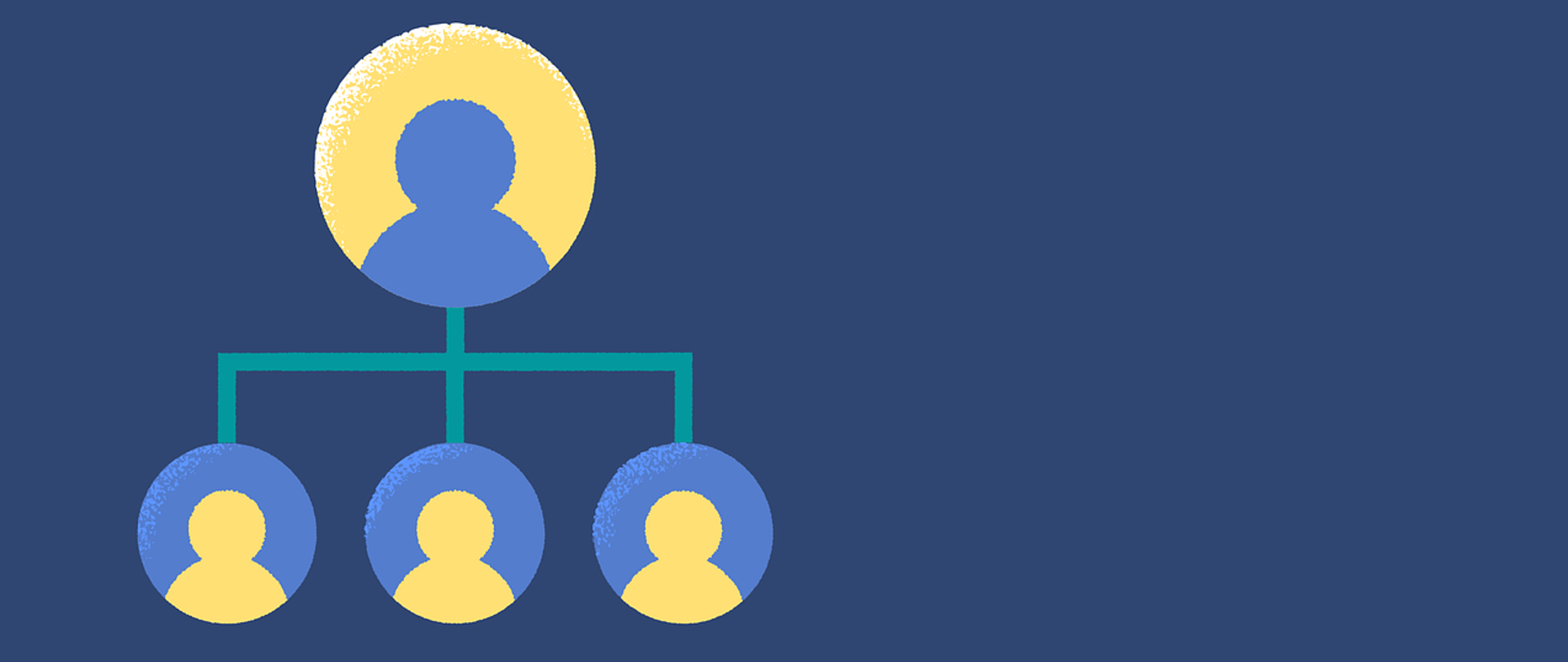 Schemat organizacyjny przedstawiający jedną osobę w relacji nadrzędności do trzech innych osób na niebieskim tle 