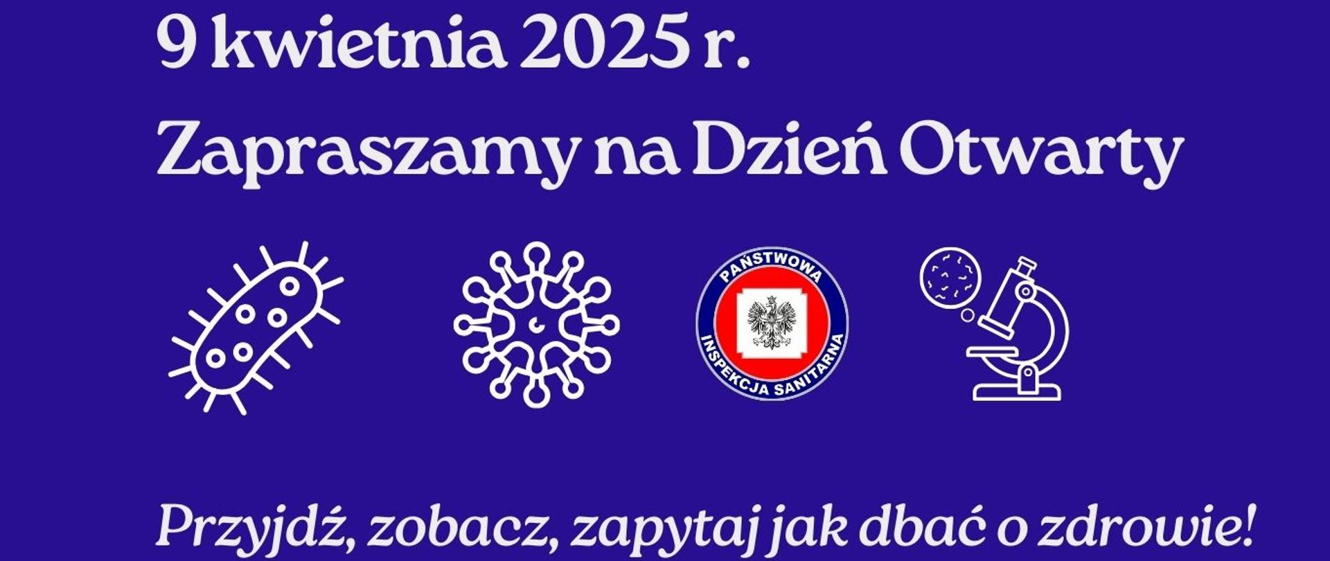 Dzień Otwarty Państwowej Inspekcji Sanitarnej. Na zdjęciu logo Państwowej Inspekcji Sanitarnej, bakterie, wirusy i mikroskop.