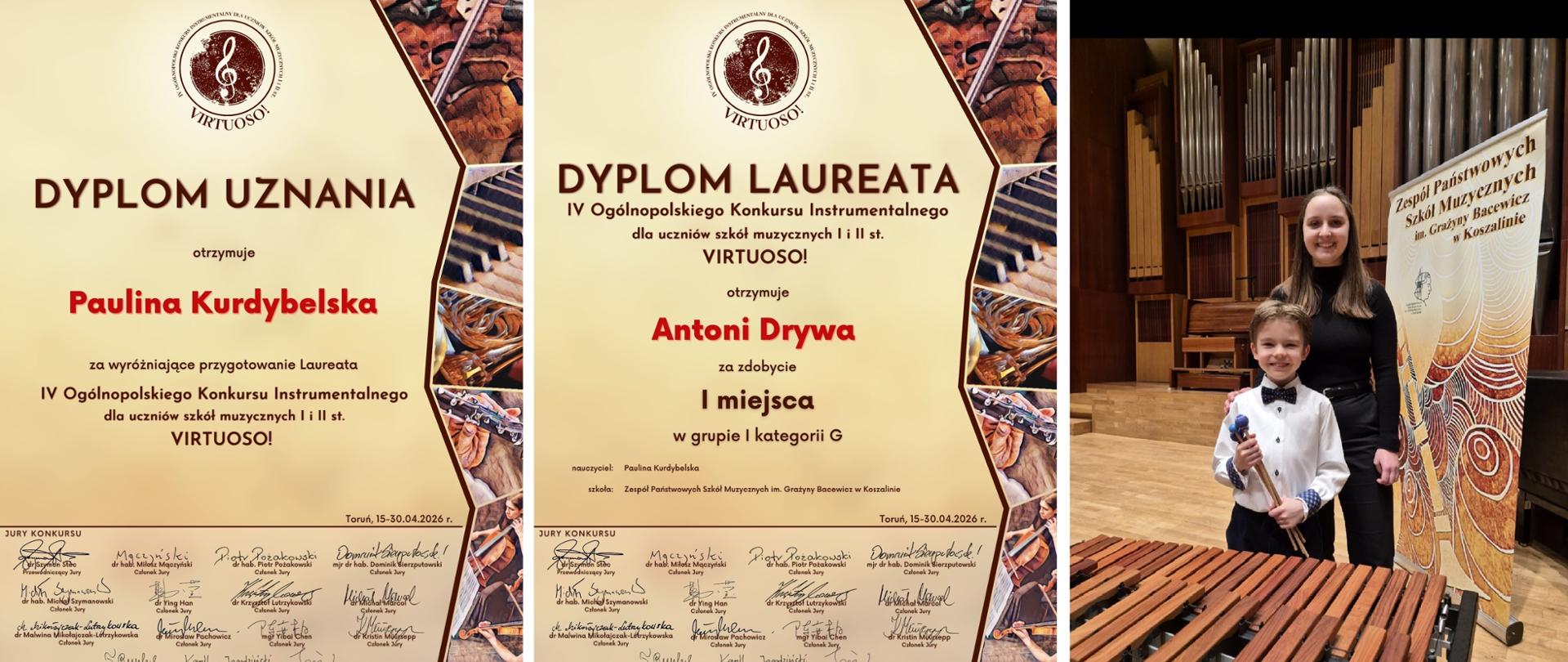 Dyplomy i uczeń oraz nauczycielka na tle organów