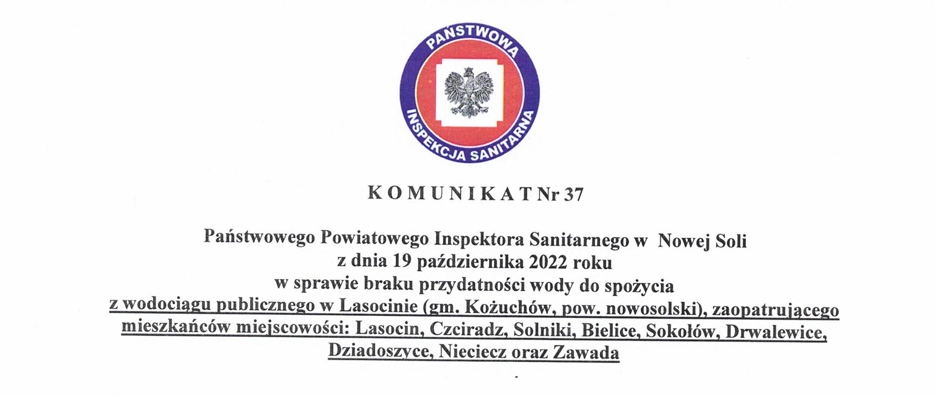 Komunikat nr 37 brak przydatności wody Lasocin