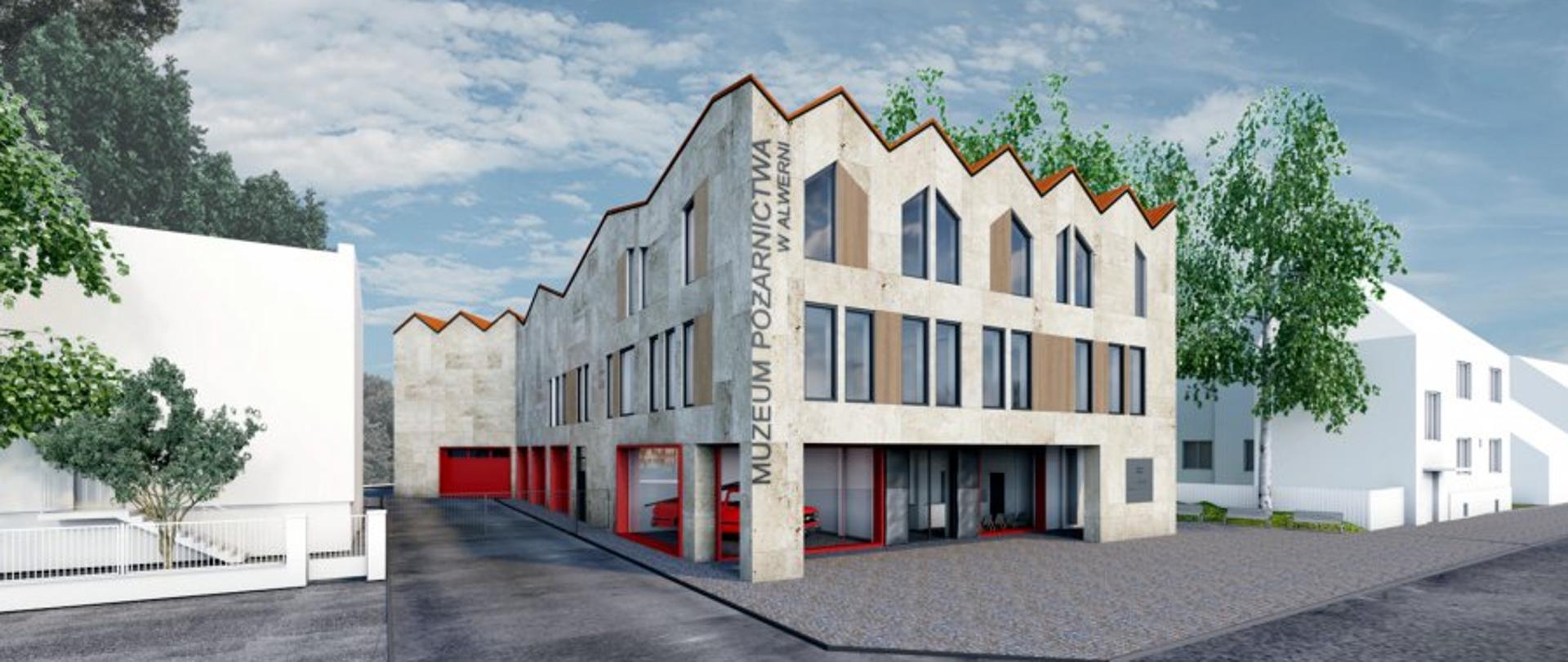 Wizualizacja nowego Muzeum Pożarnictwa w Alwerni autorstwa pracowni architektoniczno-urbanistycznej MONDRAdesign
