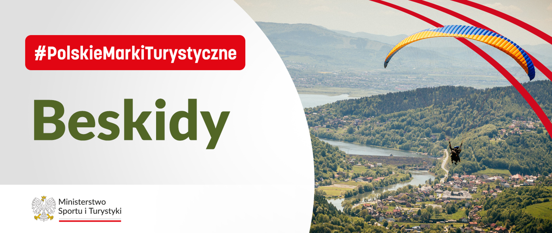 grafika ze zdjęciem człowieka na paralotni w Beskidach, po prawej stronie nazwa marki oraz logo ministerstwa