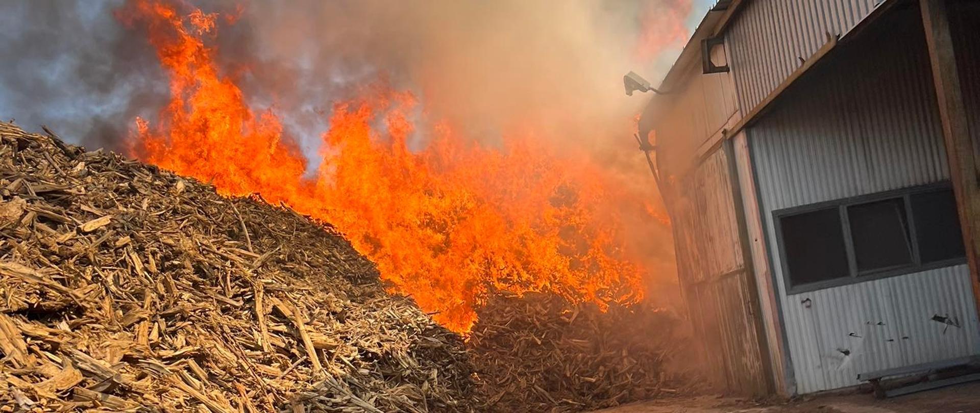 Zdjęcie przedstawia pryzmę biomasy, która się pali. Na zdjęciu widać również płomienie oraz budynek produkcyjny. 