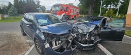 Zdjęcie przedstawia strażaków podczas wypadku drogowego.
W tle pojazdy, droga i tereny zielone.