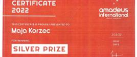 Dyplom Srebrnej Nagrody dla Mai Korzec w Międzynarodowym Konkursie Pianistycznym "Amadeus" w kategorii Kids Talent / Piano, 01.11.2022 r.