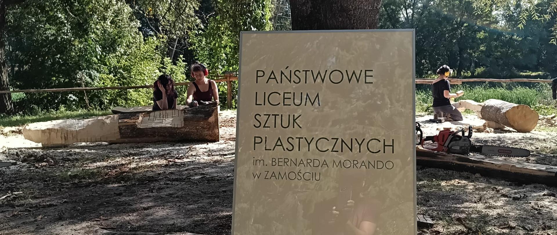 Na zdjęciu widać plenerową pracownię artystyczną z dużym drzewem w tle. Na pierwszym planie znajduje się tablica z napisem „Państwowe Liceum Sztuk Plastycznych im. Bernarda Morando w Zamościu”, a w tle uczniowie pracują przy drewnianych rzeźbach.