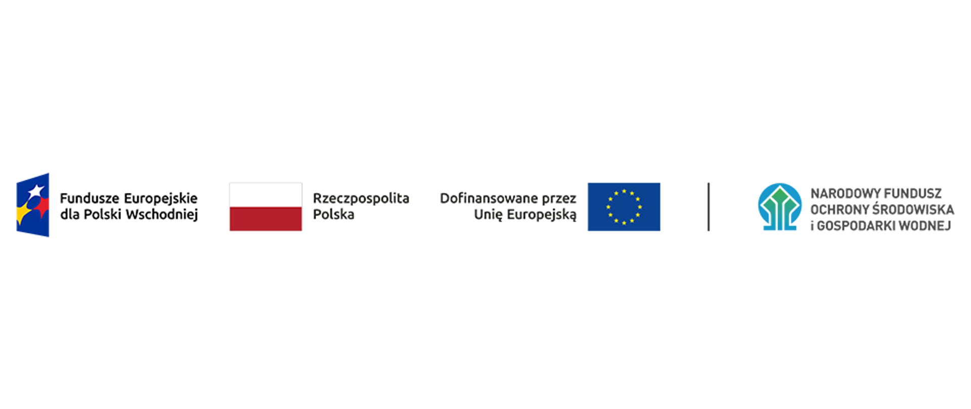 Ciąg znaków, od lewej: Fundusze Europejskie dla Polski Wschodniej, Rzeczpospolita Polska, Dofinansowane przez Unię Europejską i Narodowy Fundusz Ochrony Środowiska i Gospodarki Wodnej