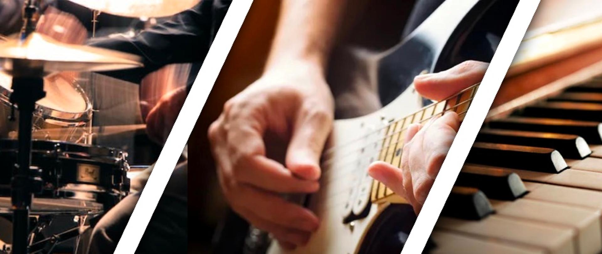 grafika- kadry zdjęć instrumentów muzycznych przedzielone białymi paskami