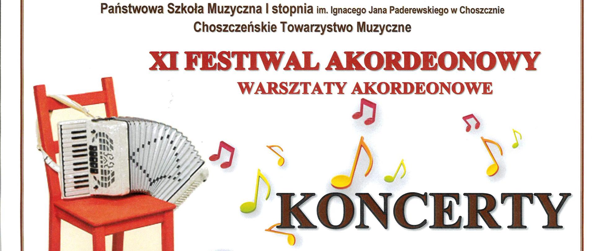 Biały plakat z brązową ramką. W środku od góry pełna nazwa szkoły. Poniżej z lewej czerwone krzesło a na nim stoi biały akordeon, obok kolorowe nuty, z lewej napis w kolorze brązowym: Koncert muzyki akordeonowej" poniżej 19.04.2024 (środa) godz. 17:30, pod spodem napis w kolorze ciemnozielonym: Adam Tarnożek, student Akademii Muzycznej w Gdańsku. Pod napisem falujące nutki na trzech liniach. pod spodem 20.04.2023 (czwartek) godz. 17:00. Akordeon solo i w zespole poniżej uczestnicy festiwalu - soliści i zespoły, orkiestra akordeonowa - dyrygent: Paweł Szarawaga