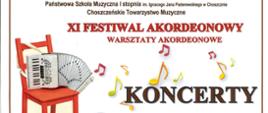 Biały plakat z brązową ramką. W środku od góry pełna nazwa szkoły. Poniżej z lewej czerwone krzesło a na nim stoi biały akordeon, obok kolorowe nuty, z lewej napis w kolorze brązowym: Koncerty