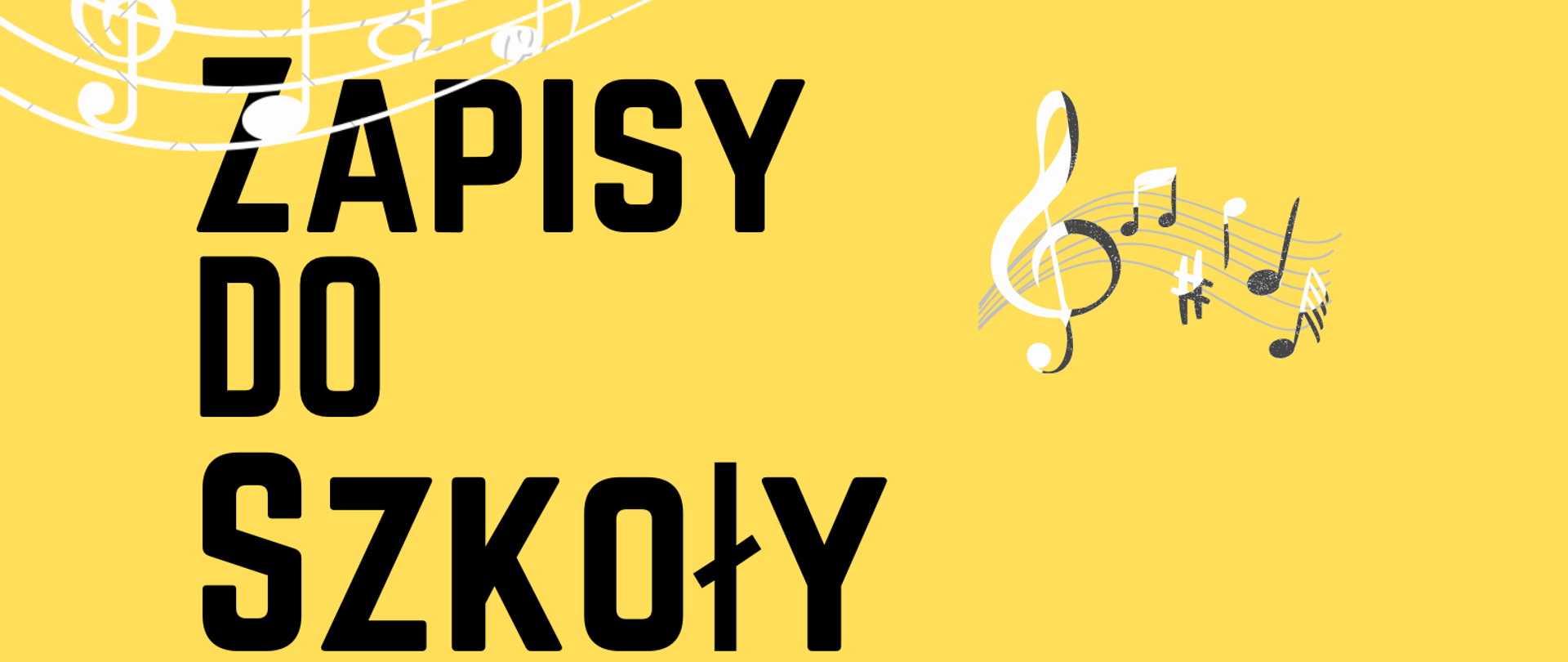 Plakat rekrutacyjny informujący o zapisach na żółtym tle widnieją napisy Zapisy do Szkoły na rok szkolny 2024/25 do 27 maja 2024 Egzaminy: I stopień 28 maja 2024 godz.10.00 , II stopień - 31 maja 2024 r. godz. 10.00 Bezpłatne zajęcia przygotowawcze 18/25 maja godz. 10,00 na dole zarys klawiatury fortepianu