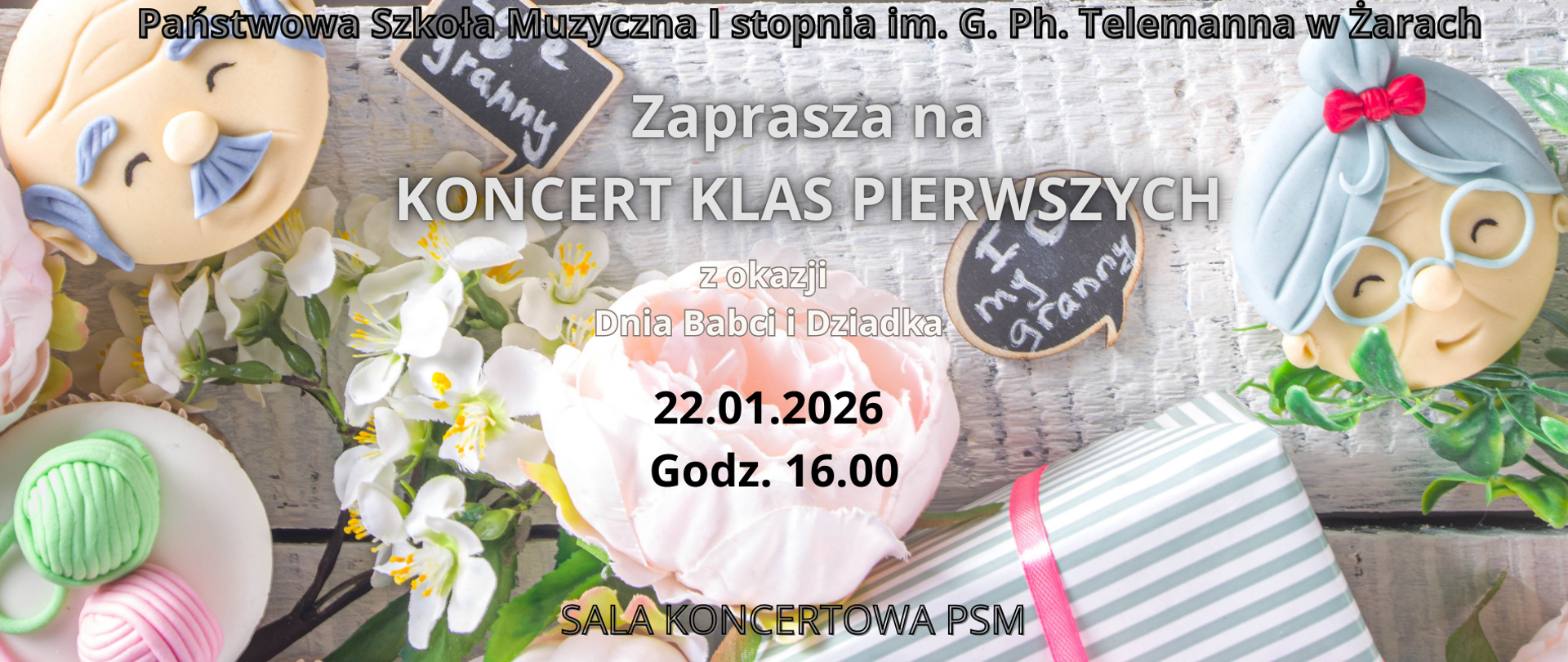Plakat zaprasza na koncert klas pierwszych z okazji Dnia Babci i Dziadka, organizowany w Państwowej Szkole Muzycznej I stopnia im. G. Ph. Telemanna w Żarach, 22 stycznia 2026 o godz. 16:00 w sali koncertowej szkoły.
Treść plakatu
U góry widnieje nazwa szkoły: „Państwowa Szkoła Muzyczna I stopnia im. G. Ph. Telemanna w Żarach”.
​
W centralnej części znajduje się duży napis „Zaprasza na KONCERT KLAS PIERWSZYCH z okazji Dnia Babci i Dziadka”.
​
Niżej podany jest termin wydarzenia: „22.01.2026, godz. 16.00”.
Na dole umieszczono informację o miejscu: „SALA KONCERTOWA PSM”.
​
Wygląd graficzny
Tło stanowi jasna, drewniana powierzchnia z pastelowymi dekoracjami kwiatowymi oraz prezentem owiniętym w biało-zielony, paskowany papier z różową wstążką.
​
Po lewej i prawej stronie są słodkie, pastelowe ozdoby w formie twarzy dziadka i babci z siwymi włosami i okularami, co nawiązuje do święta Babci i Dziadka.
​
Dominują delikatne, ciepłe kolory (róże, zielenie, biel), a napisy są w dużej, czytelnej czcionce, dzięki czemu plakat wygląda przyjaźnie i rodzinne.
​
Powiązane
Jakie elementy graficzne ma plakat
Jaki jest tekst na plakacie i jego układ
Jakie kolory dominują na plakacie
Jakie informacje o wydarzeniu są widoczne
Jaki styl typograficzny zastosowano na plakacie