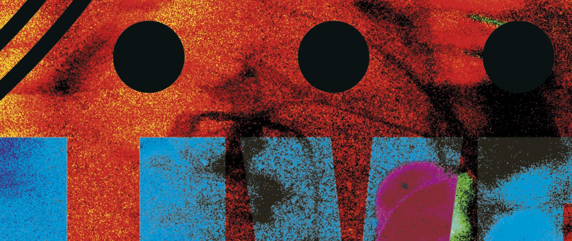 abstrakcyjna grafika, na czerwonym (chropowatym) tle znajdują się 3 czarne okręgi, poniżej znajduje się 5 niebieskich prostokątów