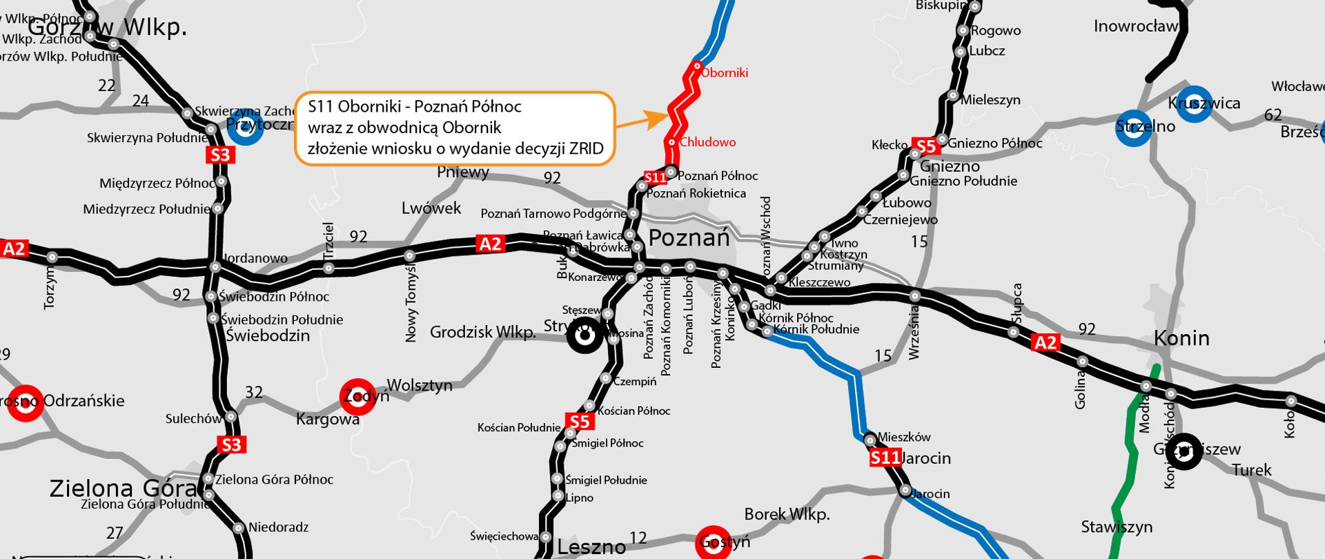 Wniosek o ZnRID S11 Oborniki - Poznań - mapa poglądowa