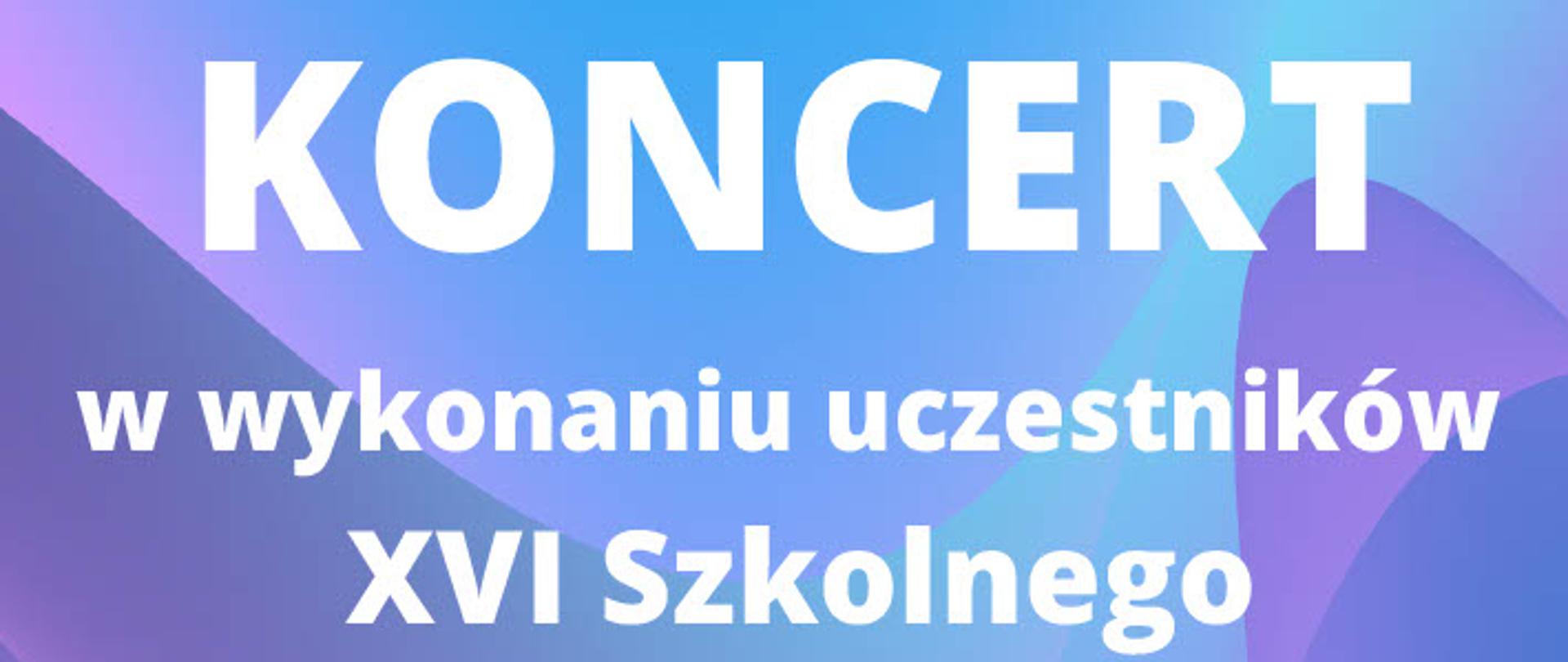 Plakat z zaproszeniem na koncert uczestników konkursu kompozytorskiego. Tło niebieskie, litery w kolorze białym, w tle czarne nuty - szesnastki przedstawione artystycznie, skośnie.