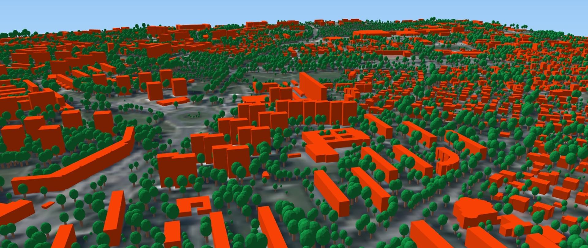 zrzut ekranu przedstawiający wygenerowane modele 3D drzew wraz z modelami 3D budynków