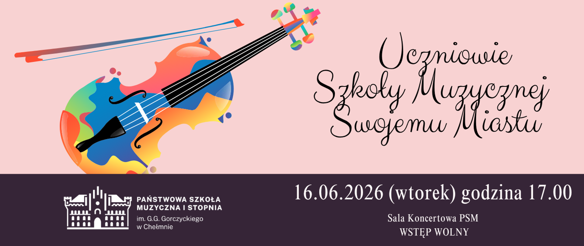 Grafika: Kolorowe skrzypce. Informacja o miejscu i czasie koncertu.
