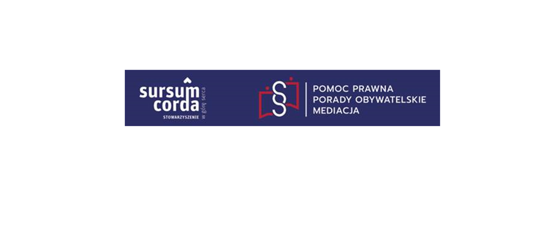 Na granatowym tle biały tekst Sursum Corda, POMOC PRAWNA, PORADY OBYWATELSKIE, MEDIACJA oraz symbol graficzny paragrafu.