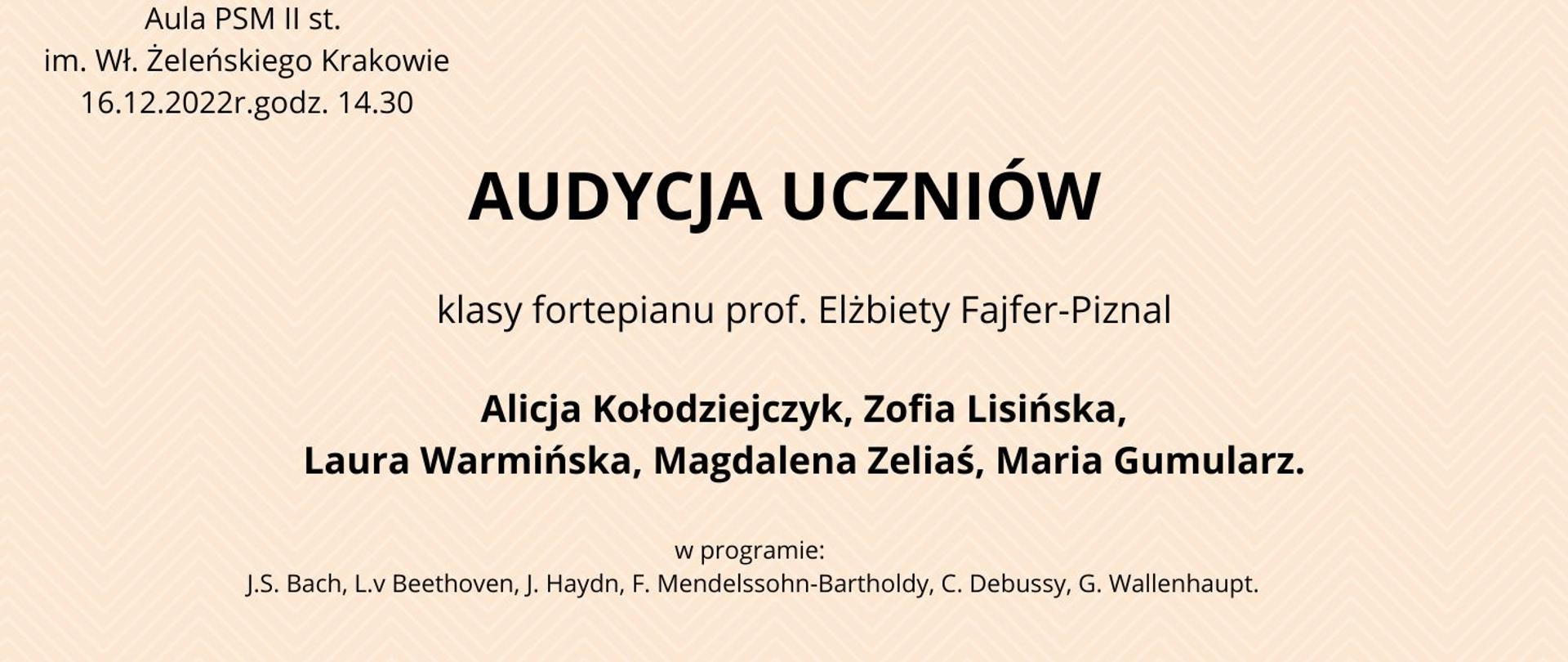 plakat na beżowym tle napis audycja uczniów klasy fortepianu Elżbiety Fajfer-Piznal 16.12.2022