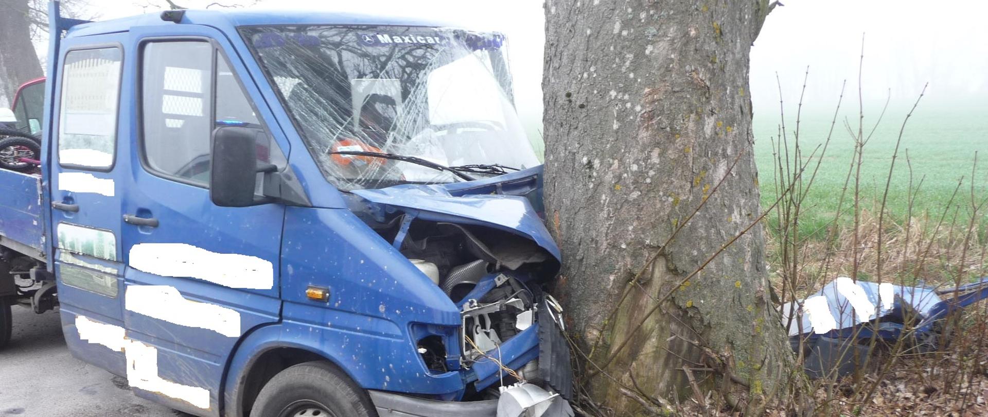 Zdjęcie przedstawia bok pojazdu dostawczego koloru niebieskiego, który uderzył w drzewo. Obok niego znajdują się wycięte drzwi.