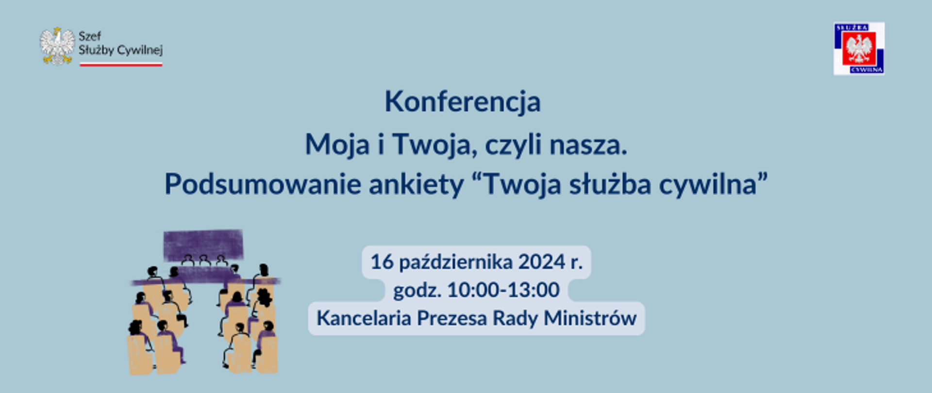 Na niebieskim tle: 2 logotypy ssc, na środku napis i niewielka grafika: postaci w rzędach przed podium dyskusyjnym