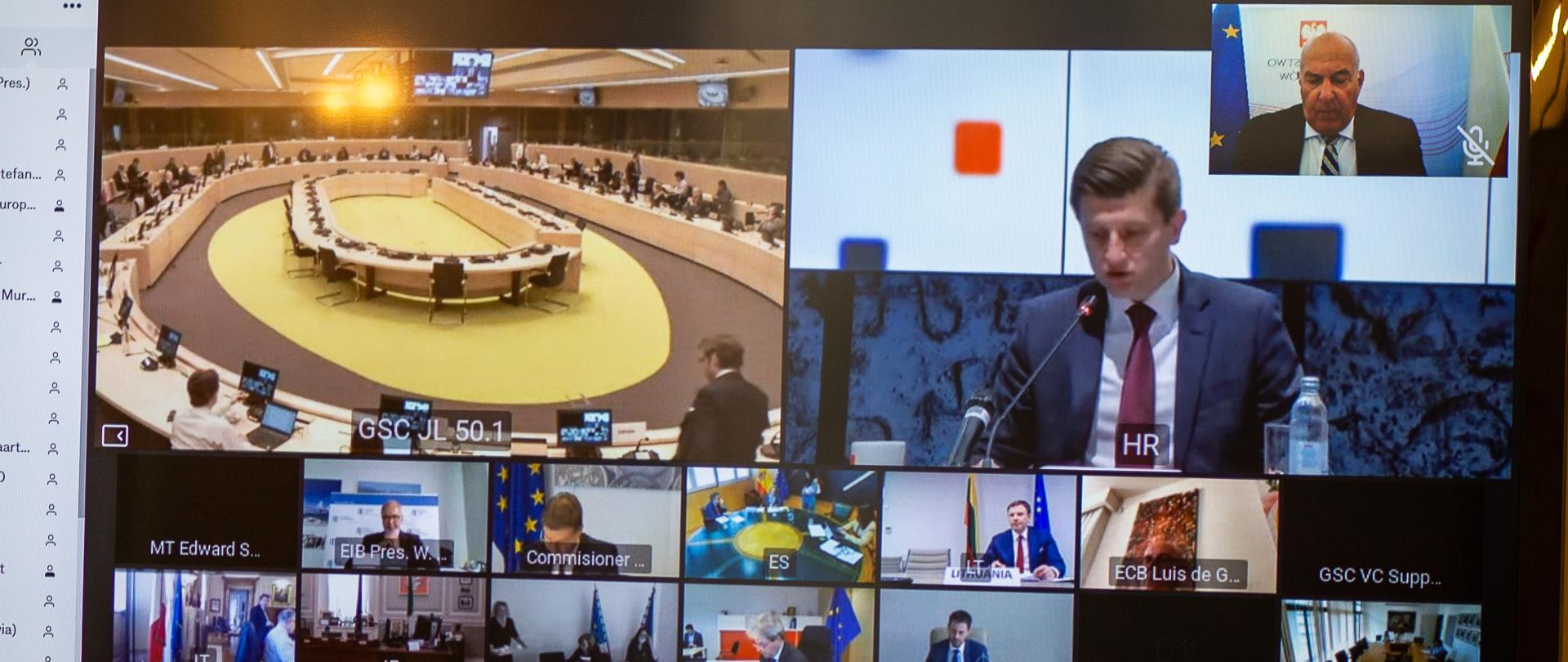 Kilka obrazów na monitorze z wideokonferencji posiedzenia Rady ECOFIN