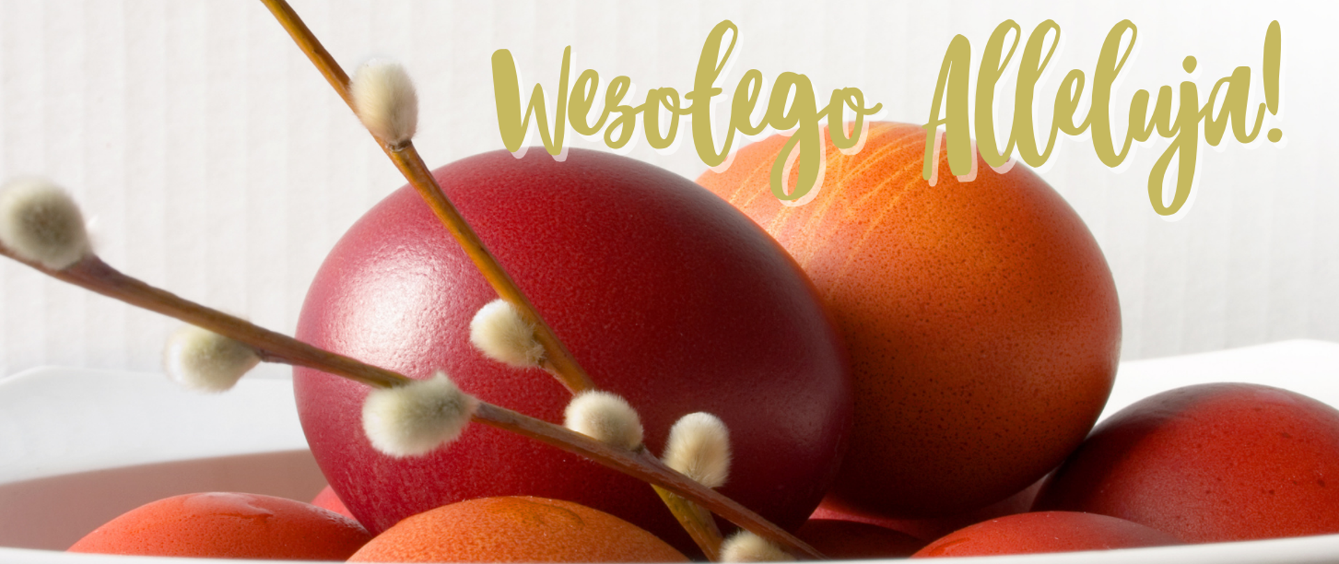 Na zdjęciu pisanki oraz bazie, napis: Wesołego Alleluja