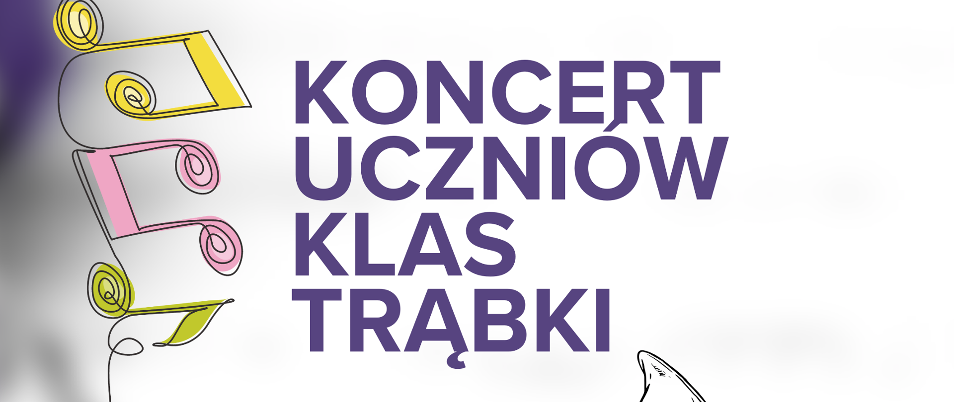 Plakat szare tło z lewej strony pionowo artystycznie linia sugerująca nitkę do której przylegają kolorowe Nutki mające główki przypominające kłębki centralnie grafika przedstawiająca rysunek trąbki w kolorze czarno-białym napisy państwowa szkoła muzyczna pierwszego i drugiego stopnia im Witolda Lutosławskiego w Nysie zaprasza na koncert uczniów klas trąbki 22 stycznia 2026 godzina 15:30 sala koncertowa im Jerzego Kozarzewskiego