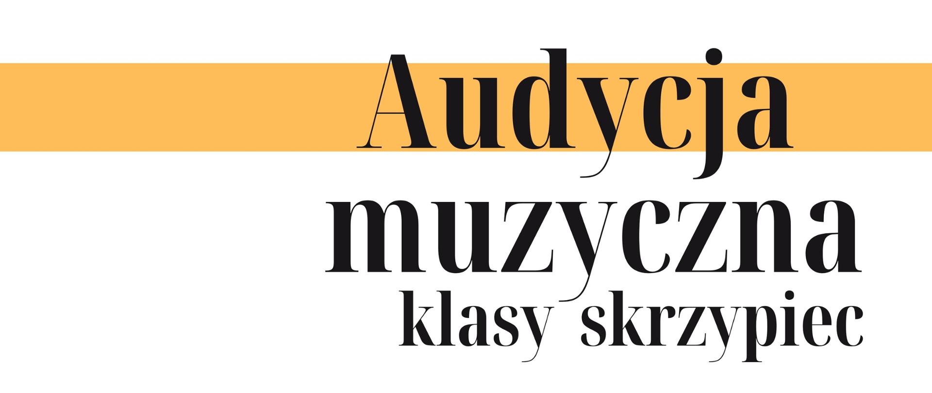 w górnej części napis na żółtym tle Audycja poniżej na białym tle napis muzyczna klasy skrzypiec p. Judyty Niedźwiedzkiej- Mykity 28 września 2023 godz. 17:00, w dolnej prawej części informacja o miejscu odbycia się koncertu, w lewym dolnym rogu obrazek pan grający na skrzypach w kolorach czarnym, żółtym i białym 