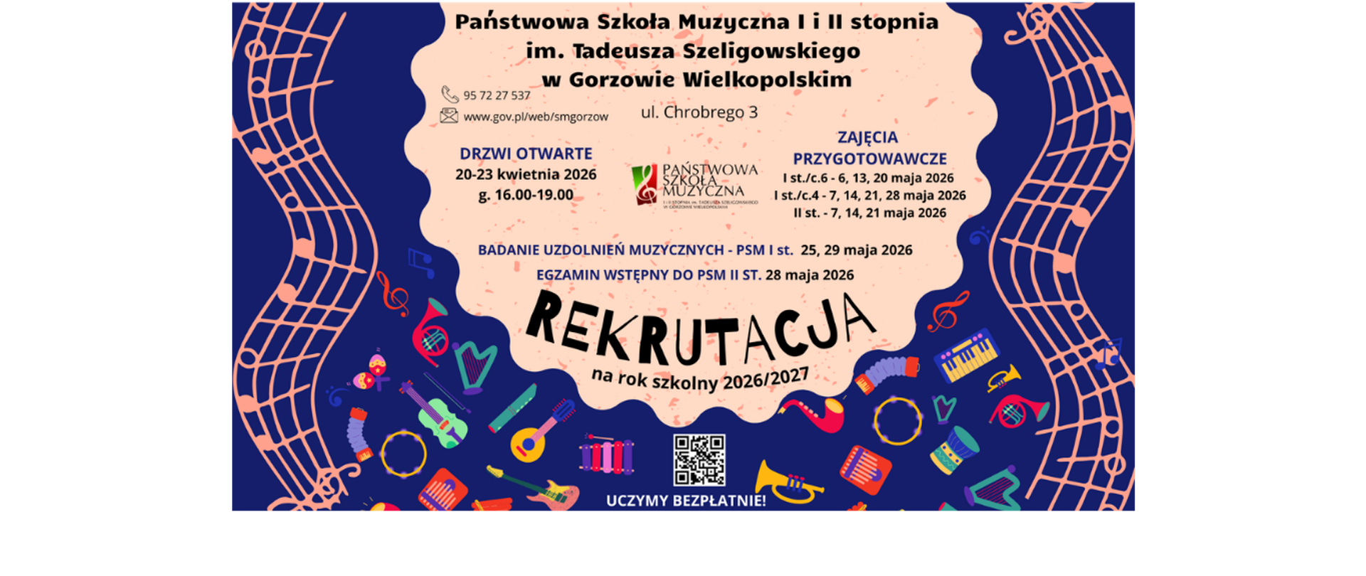 Granatowe tło naokoło z kolorowymi instrumentami. Na środku jasnoróżowe tło i informacje z terminami działań rekrutacyjnych