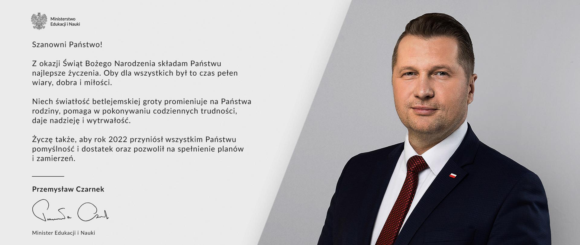 Życzenia na święta Bożego Narodzenia plansza z życzeniami i wizerunkiem ministra Czarnka