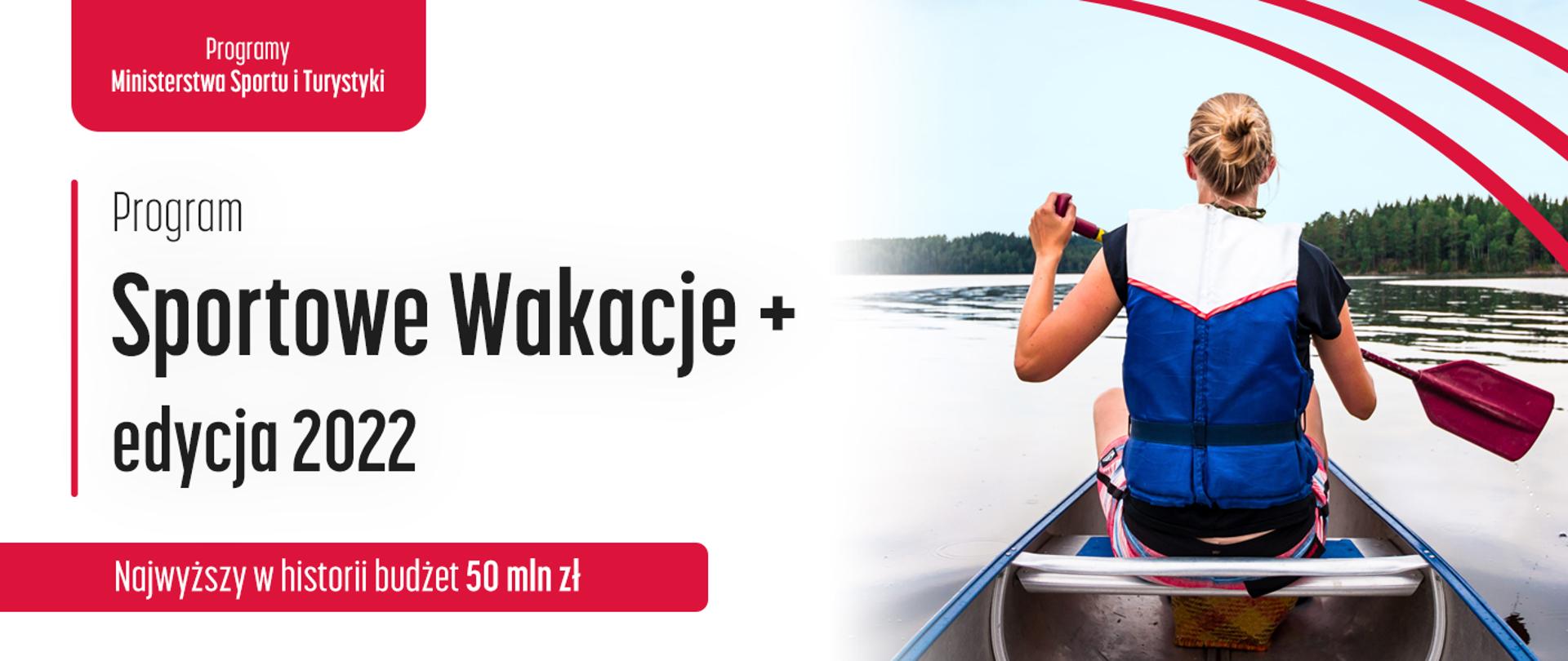 Grafika z napisem: Program Sportowe Wakacje+ edycja 2022. Najwyższy w historii budżet 50 mln zł. Na zdjęciu kobieta na łódce na jeziorze.