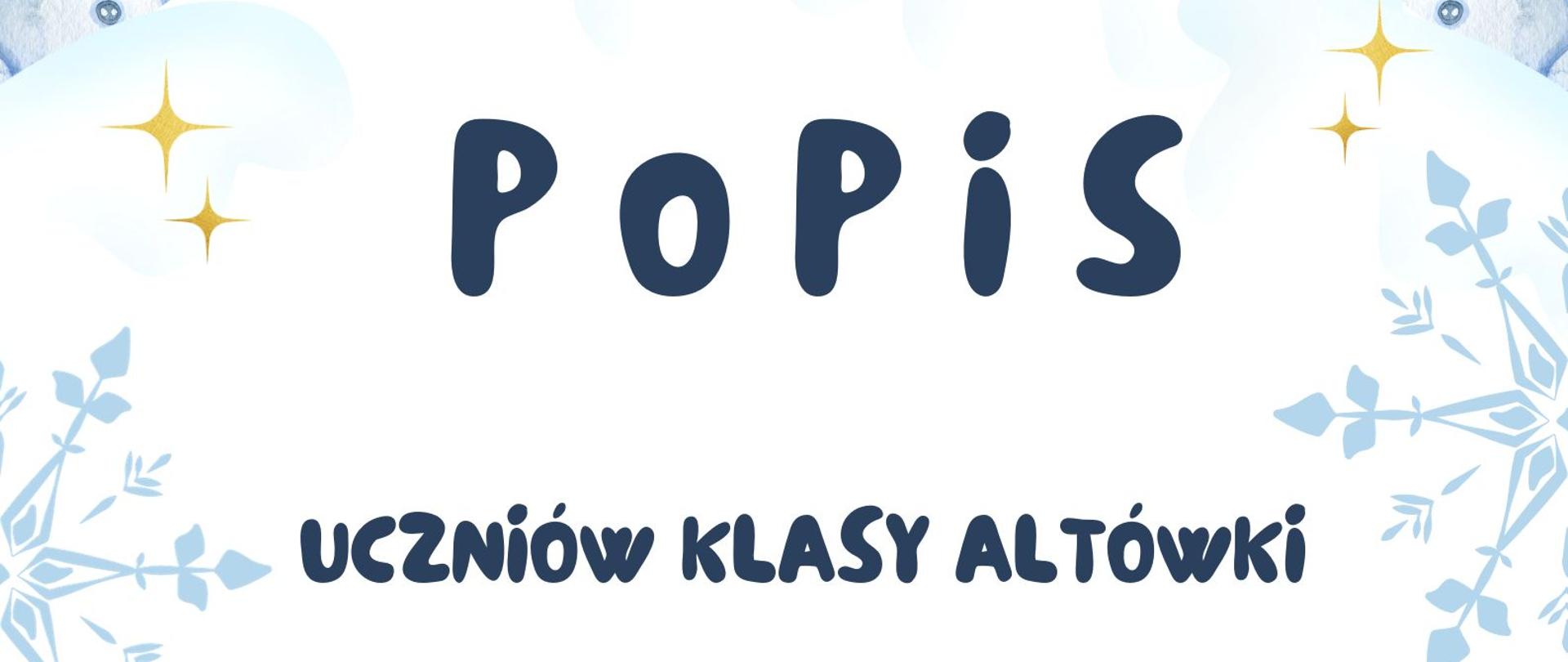 Plakat z wydarzeniem - Popisem uczniów klasy altówki, który odbędzie się w auli szkoły w dniu 15 stycznia 2024r. o godz. 18:00, tłem plakatu jest motyw zimowy tzn. w górnej części plakatu znajduje się domek stojący na górze otoczony ośnieżonymi drzewkami i choinkami, po lewej i prawej stronie znajdują się bałwanki, napisy są w kolorze granatowym